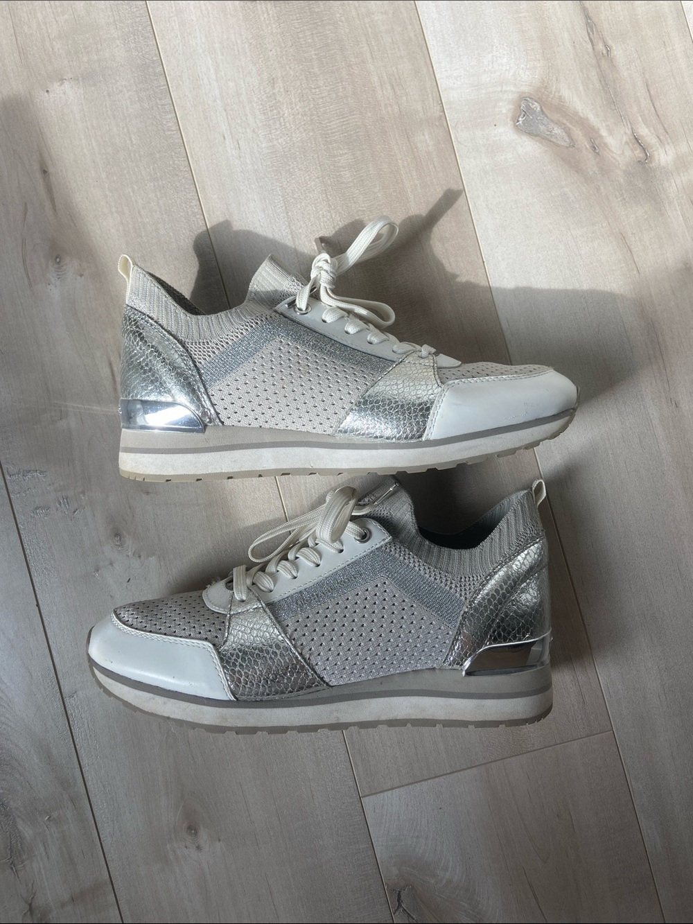 Michael Kors Silver and White Metallic Lace-Up Sneakers